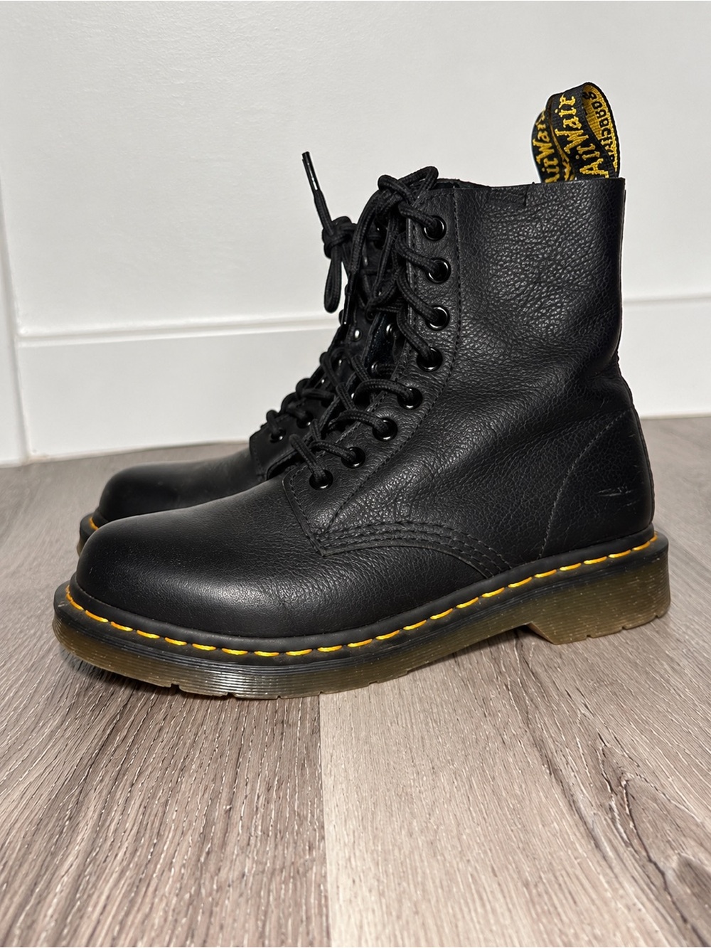 Dr. Martens Black Leather 8-Eye Lace-Up Boots with Yellow Stitching